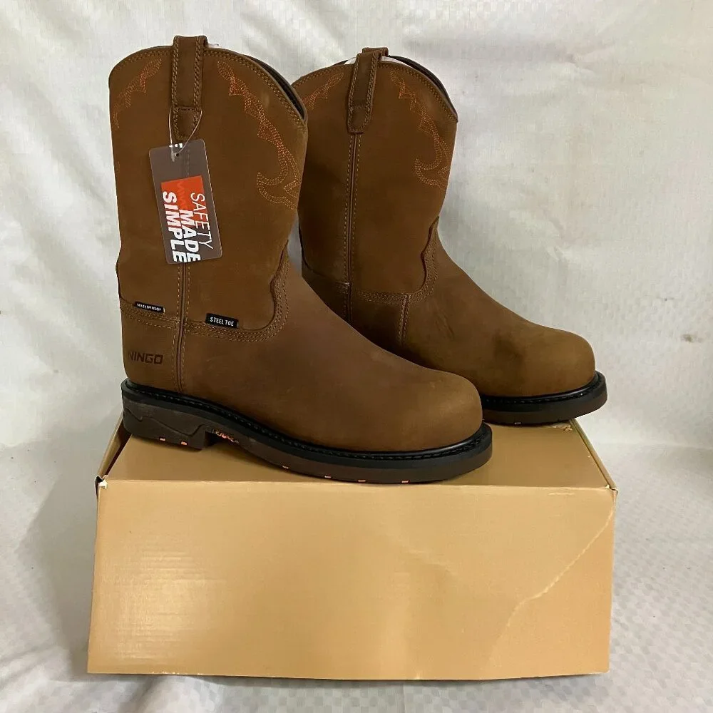 NINGO Men's 11.5 Brown Steel Toe Work Pull-On Design Leather Non Slip Work Boots